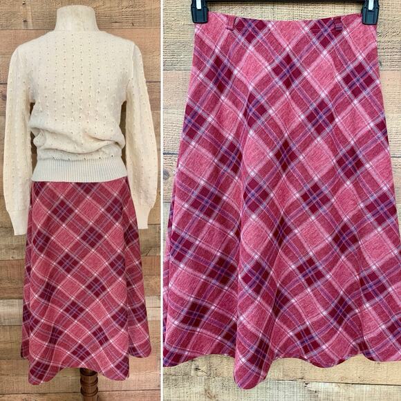Vintage 1970s Sz Small A-line Pull On Pink Plaid Skirt Academia Preppy - Picture 1 of 6